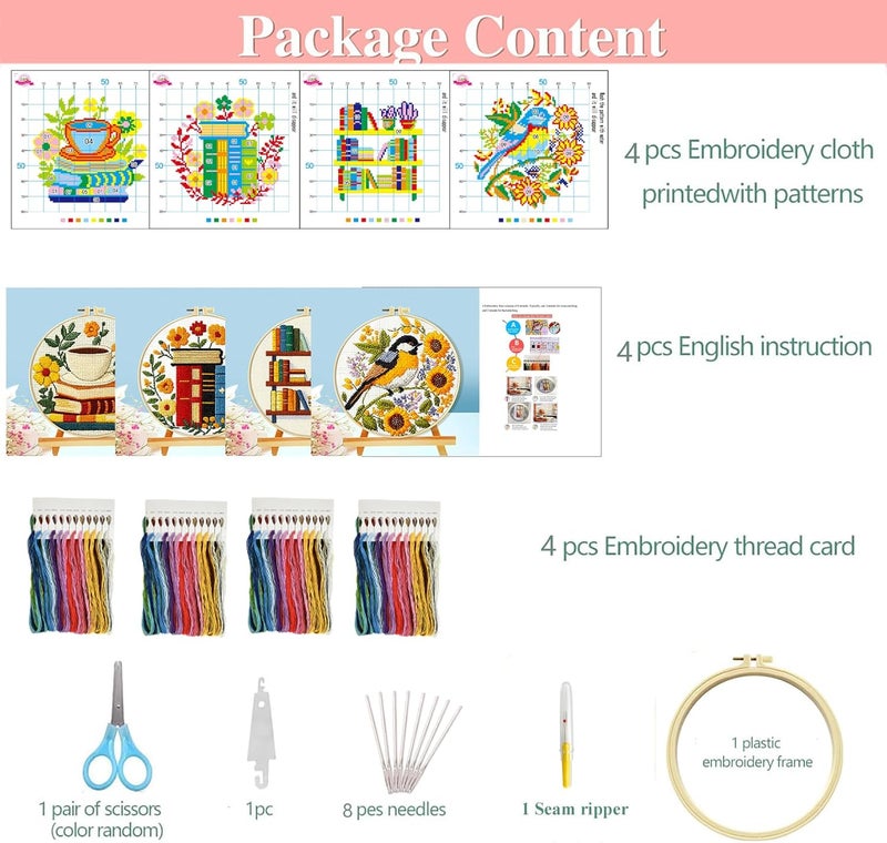 Zhenqing Book Lover's Cross Stitch Kit - 4-Piece Set with Pre-Printed 11CT 24x24cm Fabric, Hoop & Tools, Reading & Flower Themes for Beginners(70411) - Image 2